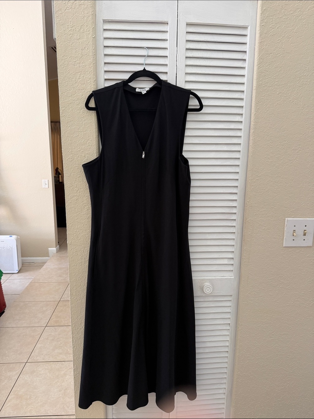 COS Black Zip-Front V-Neck Midi Dress featuring a tactile cotton-blend fabric